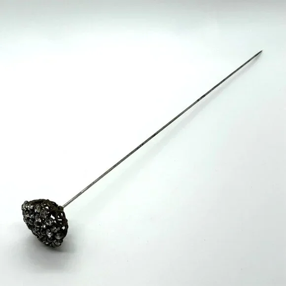 Antique Victorian Hat Pin Clear Paste Rhinestone Domed Top Filigree Back 10" - Picture 6 of 16